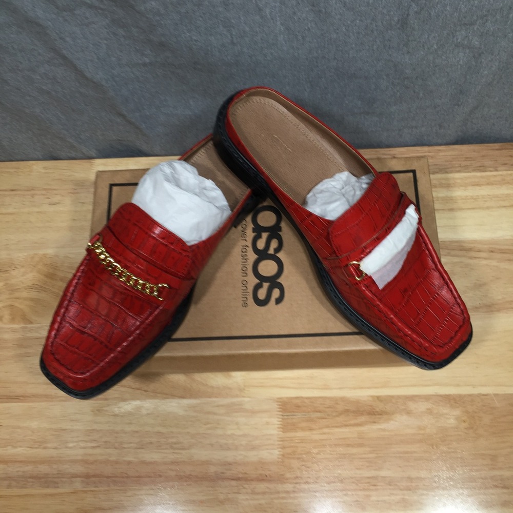 ASOS DESIGN Munro Red‎ Croc Leather Mules Gold Chain Loafers Womens UK 7